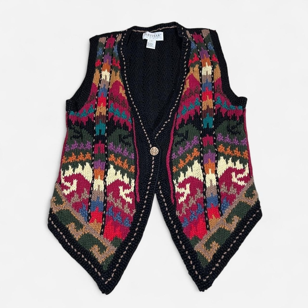 Vintage Artisan Wear Knit Vest Multicolored Geometric Sz M Boho Cottage Holidays